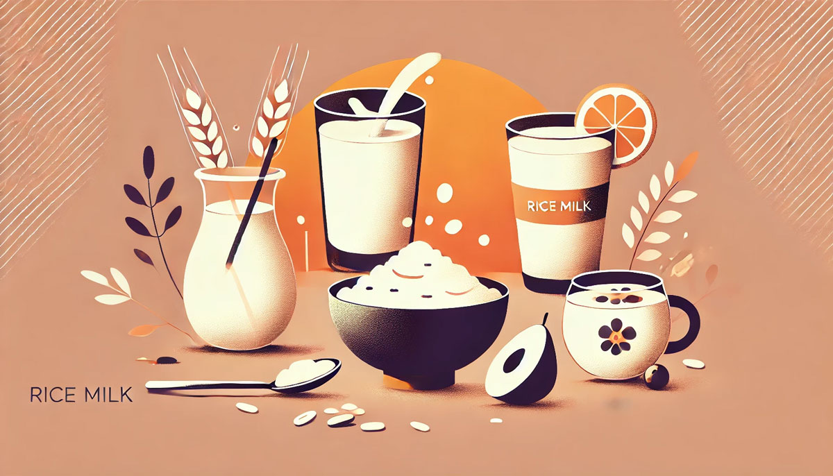 ライスミルクのさまざまな飲み方を表現したイラスト。グラスに注がれた滑らかなライスミルク、ヨーグルトボウル、フルーツ入りスムージー、温かいドリンクを象徴するカップが描かれ、腸活に役立つ活用法を視覚的に伝える。
