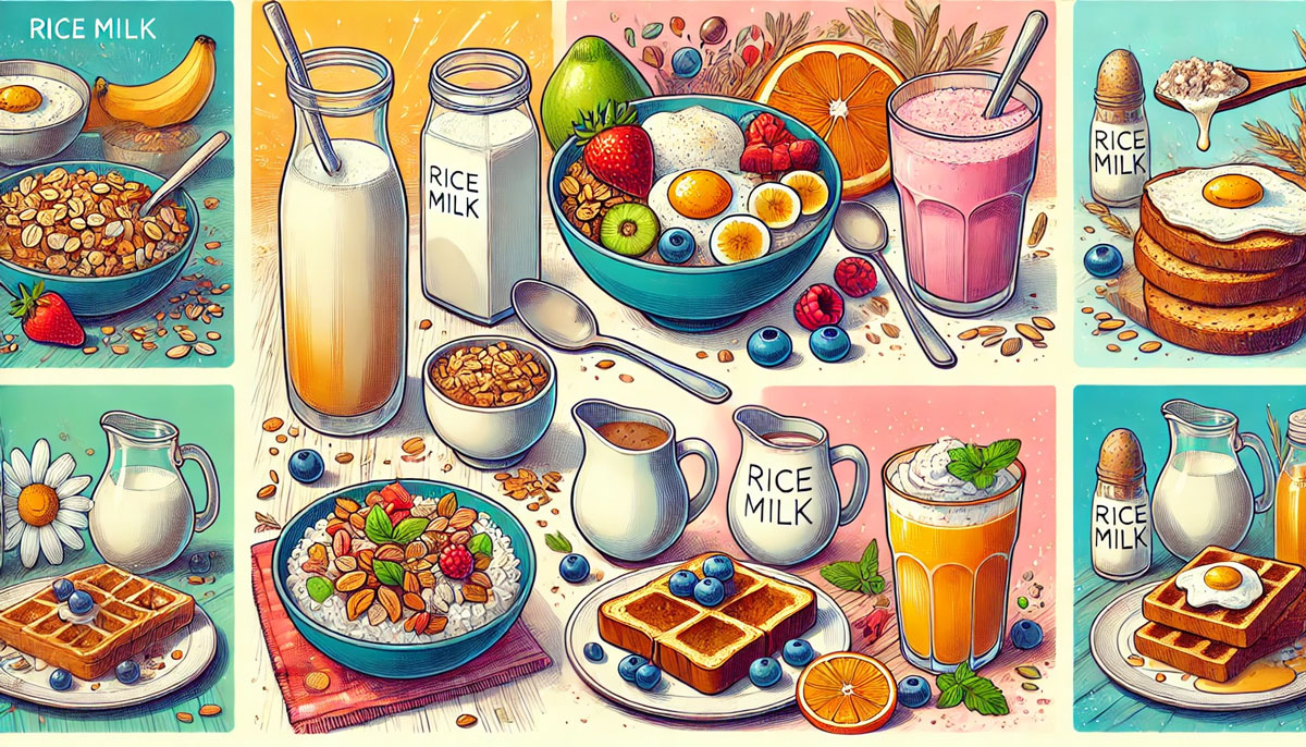 ライスミルクを使った5つの簡単な朝食アイデアを描いたカラフルなイラスト。グラノーラ、オートミール、プロテインシェイク、スムージー、フレンチトーストが、温かみのある朝食テーブルに美しく並べられている。健康的でバランスの取れた食事の魅力を伝えるシーン。