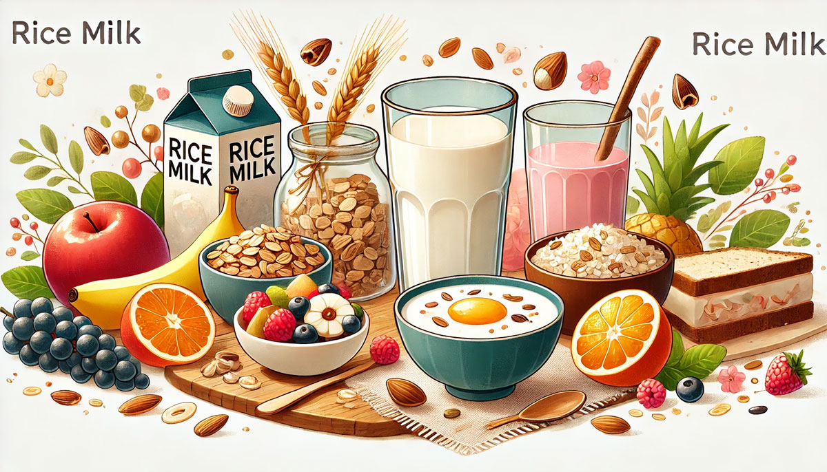 ライスミルクを使った健康的な朝食の魅力を表現したイラスト。グラスに注がれたなめらかなライスミルクがテーブルの中心にあり、周囲にはグラノーラ、フルーツ、ナッツ、スムージーが並び、バランスの取れた朝食シーンが描かれている。