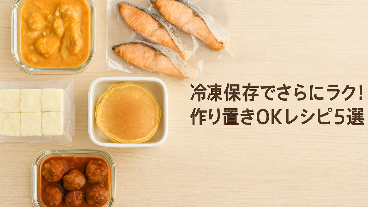 ライスミルクを使ったカレー、冷凍鮭、スムージー用キューブ、パンケーキ、ミートボールが並ぶ冷凍保存用作り置き料理の写真。「冷凍保存でさらにラク！作り置きOKレシピ5選」の日本語テキスト入り。