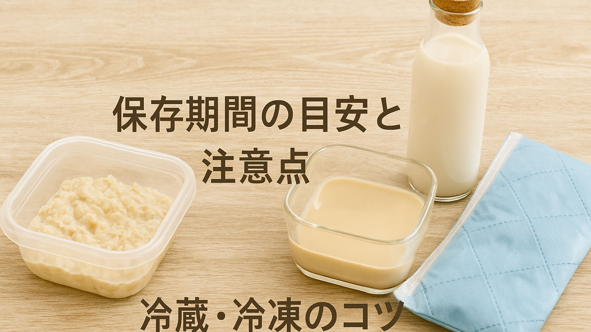 ライスミルクや保存容器、保冷パックがナチュラルな木のテーブルに並ぶ画像。「保存期間の目安と注意点｜冷蔵・冷凍のコツ」の日本語テキスト入りで、家庭的でやさしい印象のデザイン。