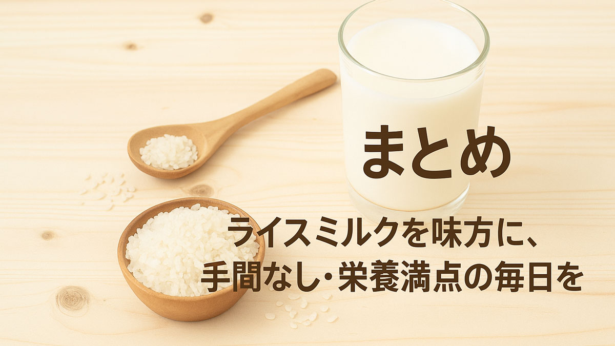 グラスに注がれたライスミルクと、生米を入れた木の器、スプーンがナチュラルな木目のテーブルに並んだ構図。「まとめ｜ライスミルクを味方に、手間なし・栄養満点の毎日を」の日本語テキスト入り。