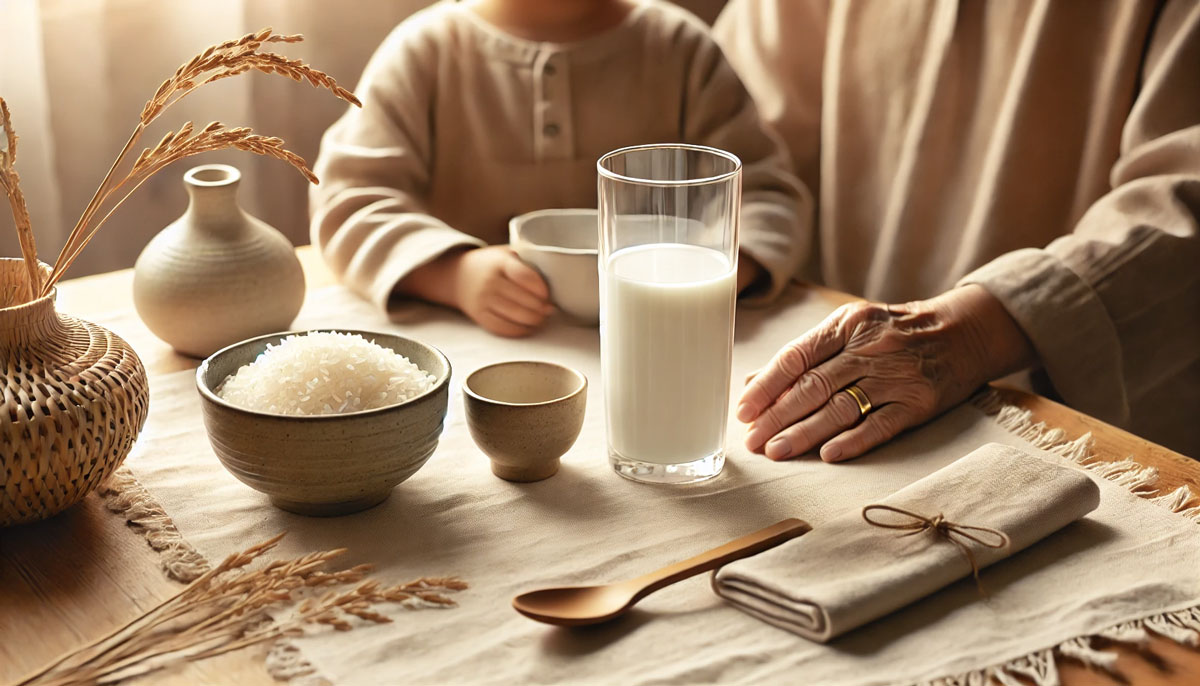 自然光の差し込むキッチンで、子どもと高齢者がライスミルクを囲み、温かくやさしい時間を共有しているシーン。