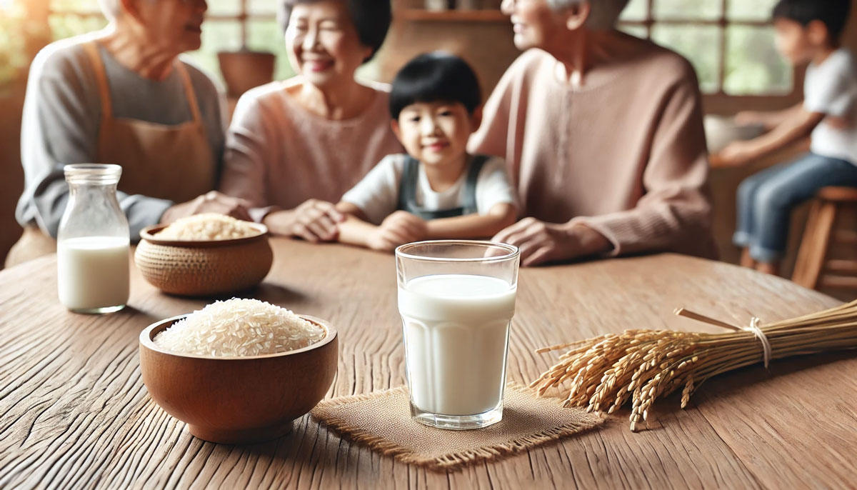 木製テーブルを囲み、子ども・若者・高齢者がライスミルクを楽しんでいる、自然光が差し込む温かく安心感のある食卓シーン。