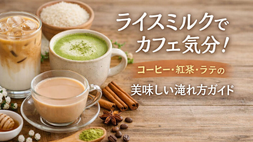 ライスミルクで作ったアイスラテ、抹茶ラテ、ミルクティーが木のテーブルに並ぶ、おうちカフェ風のやさしい雰囲気のイメージ画像