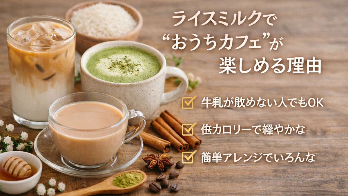 ライスミルクで作ったアイスラテ、抹茶ラテ、ミルクティーが木のテーブルに並び、「おうちカフェが楽しめる理由」と書かれたやさしい雰囲気のイメージ画像