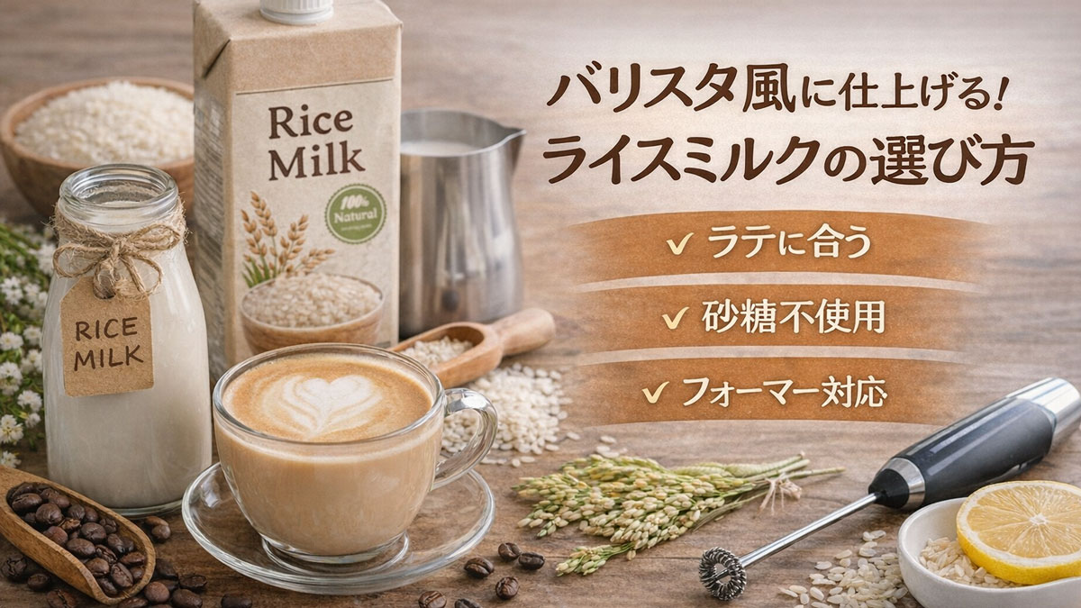 ラテとライスミルクのボトル、フォーマーが並び、「バリスタ風に仕上げる!ライスミルクの選び方」と書かれた、やさしい雰囲気のおうちカフェ風イメージ画像