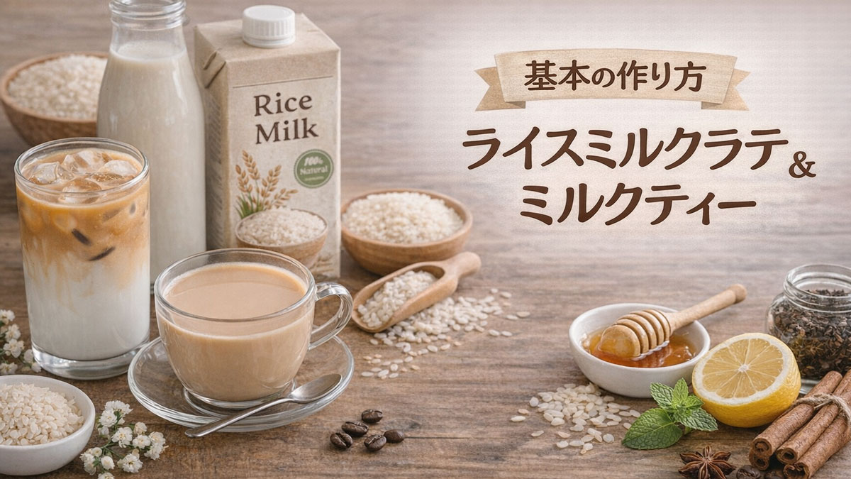 ライスミルクラテとライスミルクティー、米やはちみつが木のテーブルに並び、「基本の作り方」と書かれたやさしい雰囲気のおうちカフェ風イメージ画像