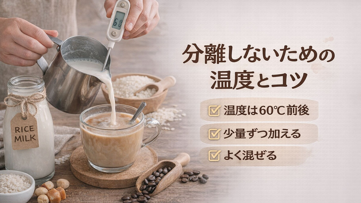 ライスミルクを温度計で60℃前後に温めてラテに注ぐ様子と「分離しないための温度とコツ」と書かれた、やさしい雰囲気のおうちカフェ風イメージ画像
