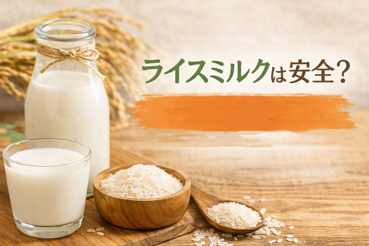 瓶とグラスのライスミルク、木の器の米と稲穂を背景に「ライスミルクは安全？ヒ素・添加物・無添加の見分け方徹底解説」と書かれた、ナチュラルでやさしい雰囲気のイメージ画像