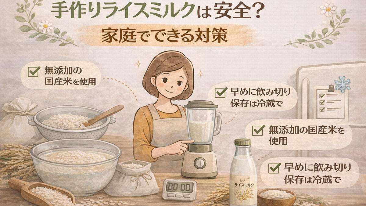 ブレンダーで手作りライスミルクを作る女性と、国産米・無添加・早めに飲み切り・冷蔵保存などの対策が描かれた「手作りライスミルクは安全?家庭でできる対策」のやさしい雰囲気の解説イメージ画像